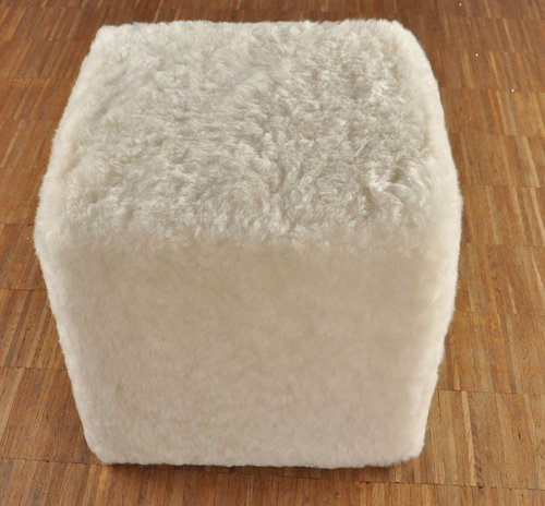 Stool Ottoman Seating Cube Pouf made of lambskin white wood frame 42x42x42 cm