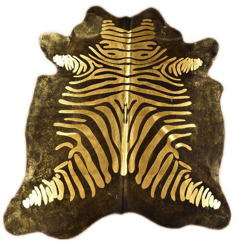 Premium Kuhfell schwarz mit goldenen Zebra Prägung 220 x 180 cm