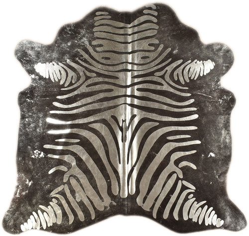 Premium Kuhfell Zebra schwarz mit Silber Prägung 195 x 190 cm