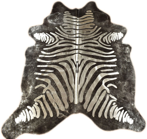 Premium Kuhfell Zebra schwarz mit Silber Prägung 220 x 180 cm
