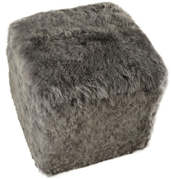 Stool Ottoman Seating Cube Pouf made of lambskin grey wood frame 42x42x42 cm